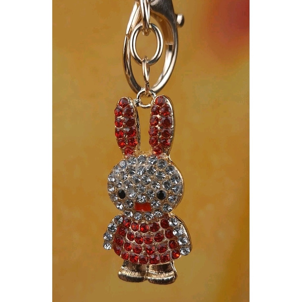 Bunny Rabbit Gold Tone Red Rhinestones Purse Charm Keychain‎ By Fashion Jewelry